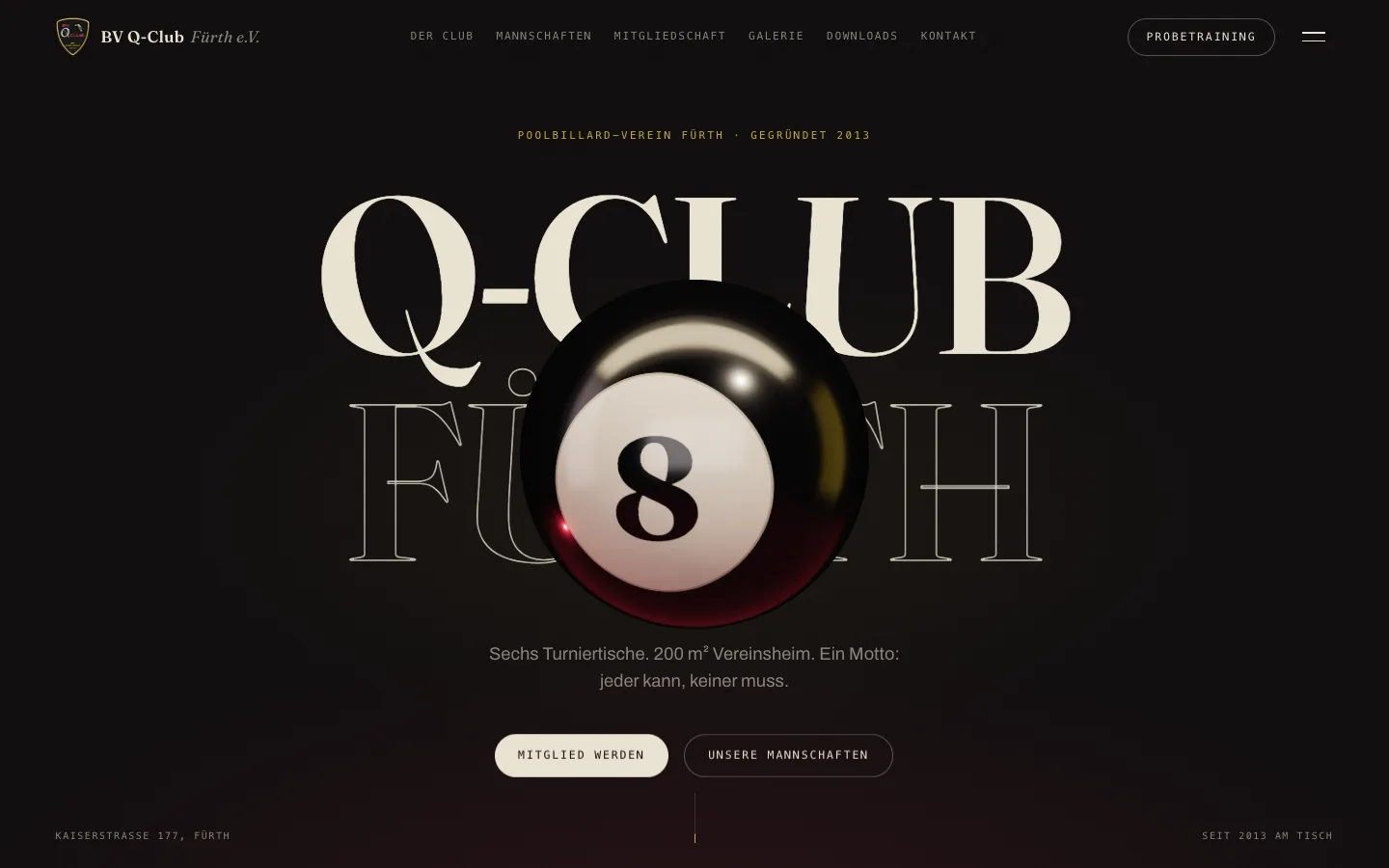 Homepage hero of bv-q-club.de: the words Q-CLUB FÜRTH set in a large display serif behind a rendered black 8-ball