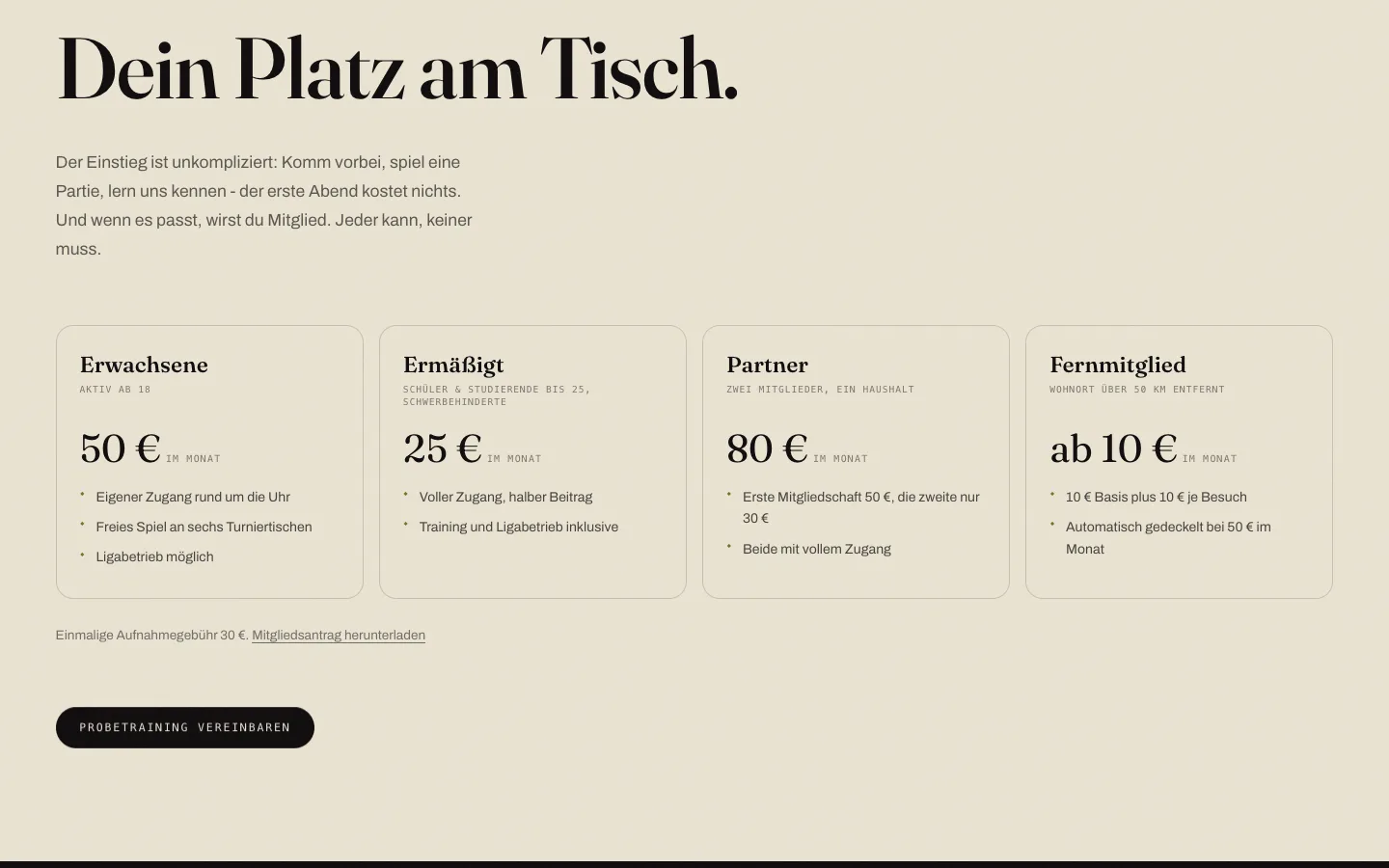 Membership section of bv-q-club.de showing four pricing tiers on a light background