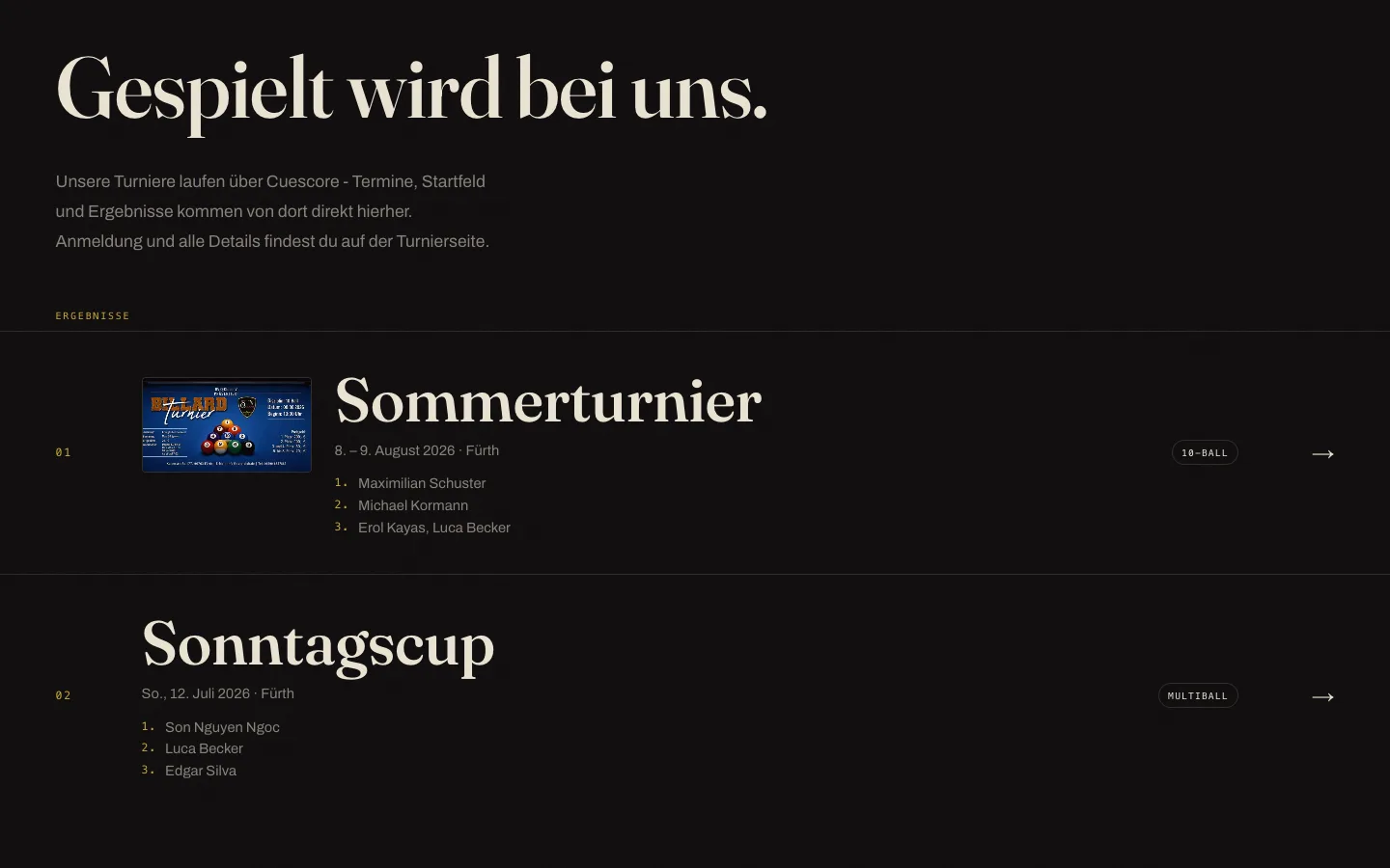 Tournament results section of bv-q-club.de, listing recent tournaments with podium placements pulled from Cuescore